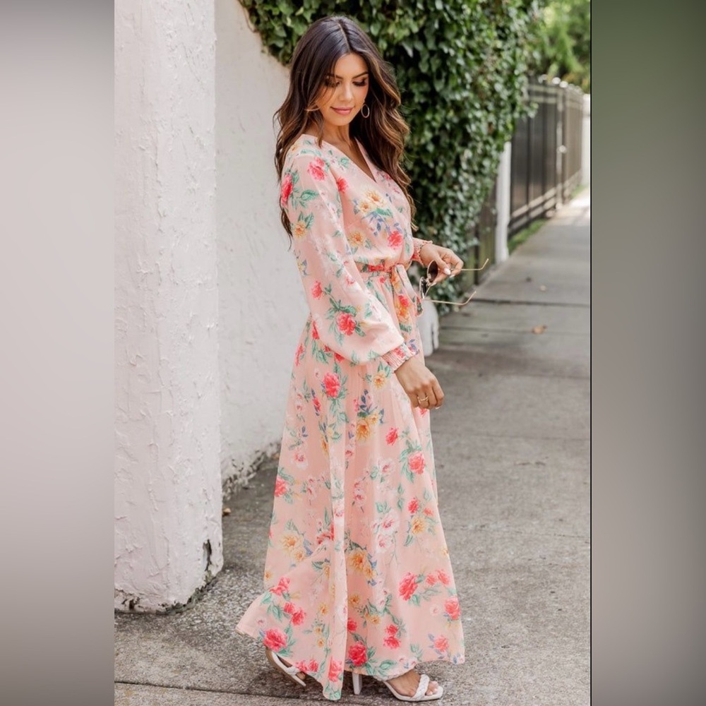 Pink Lily Peach Floral Wrap Bust Long Sleeved Maxi Dress‎